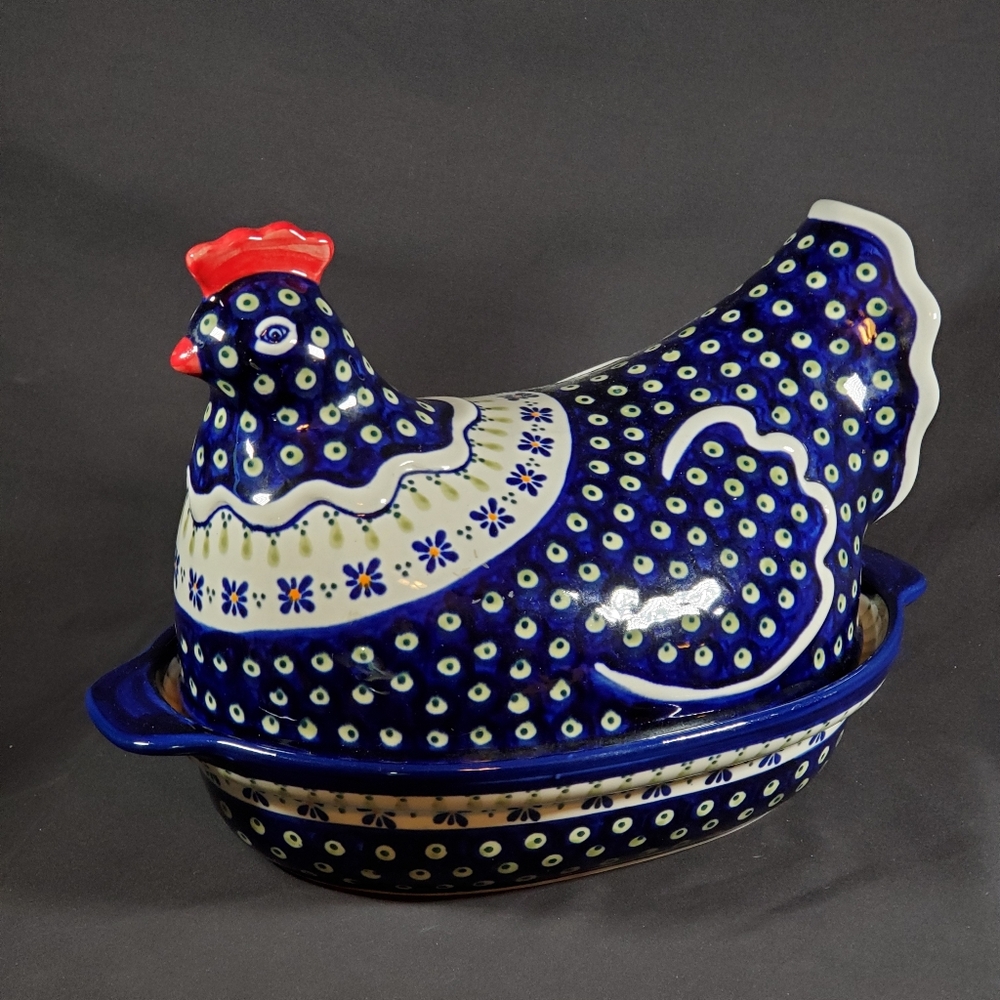 Polish Pottery Lidded Hen Baker Flowering Peacock Pattern Retired